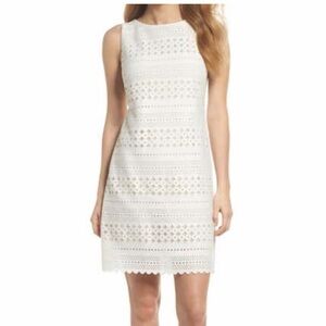 Eliza J Laser Cut Sheath Cream over tan Dress sz M/L EUC